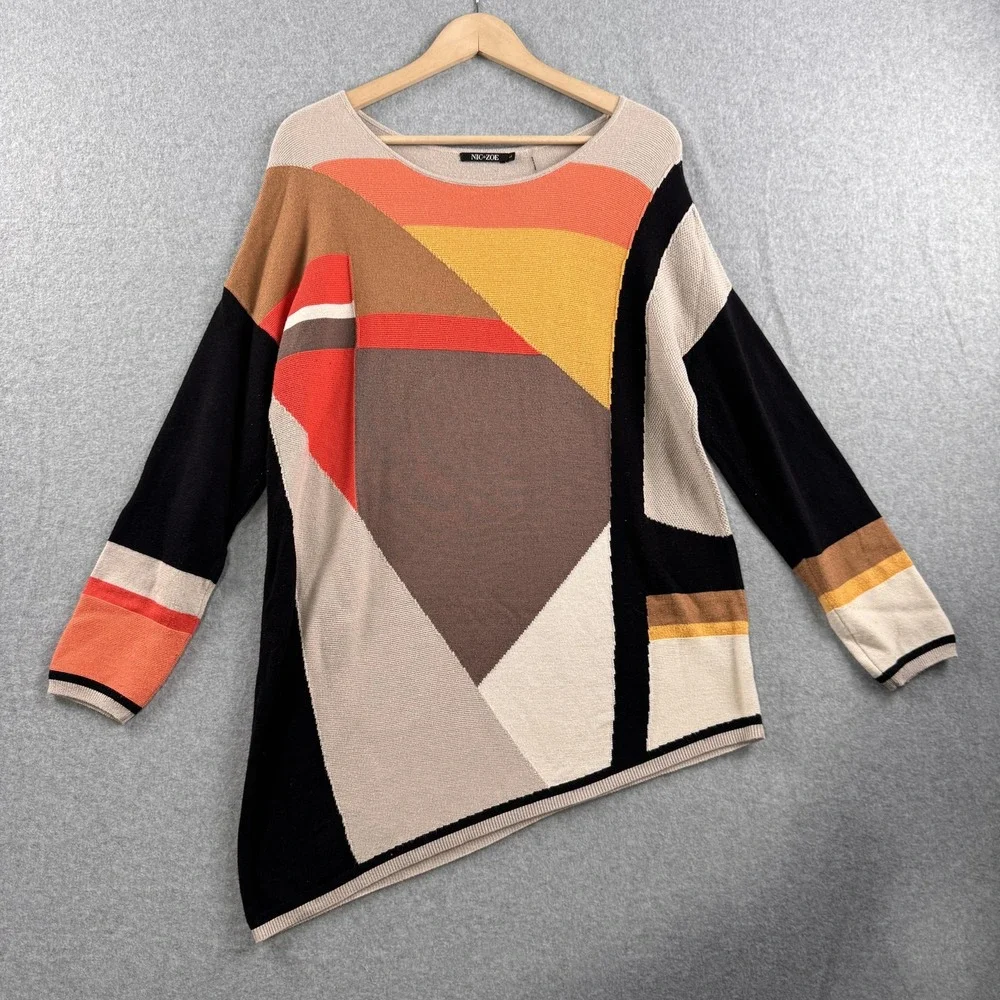 NIC+ZOE Geometric Colorblock Sweater Womens Large Multicolor Asymmetrical‎ Hem